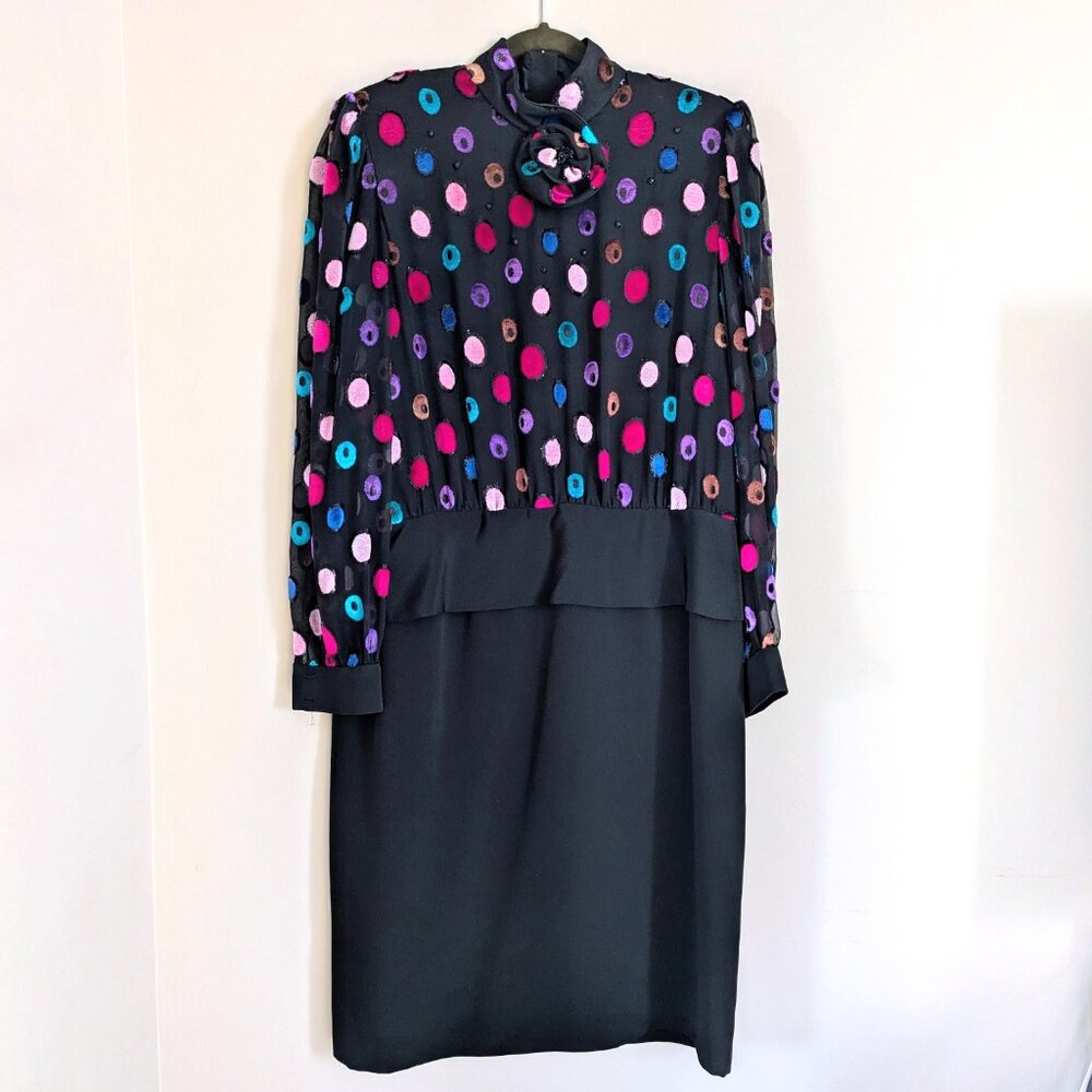 Vtg 1980s Black Silk Midi Dress Sz 14/16 Handmade, Velour Polka Dots, High Neck